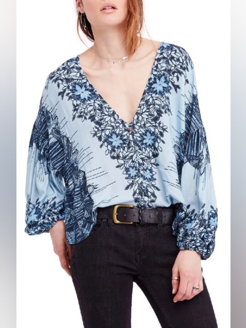 Free People Birds of a Feather Blue Floral Boho Peasant Blouse